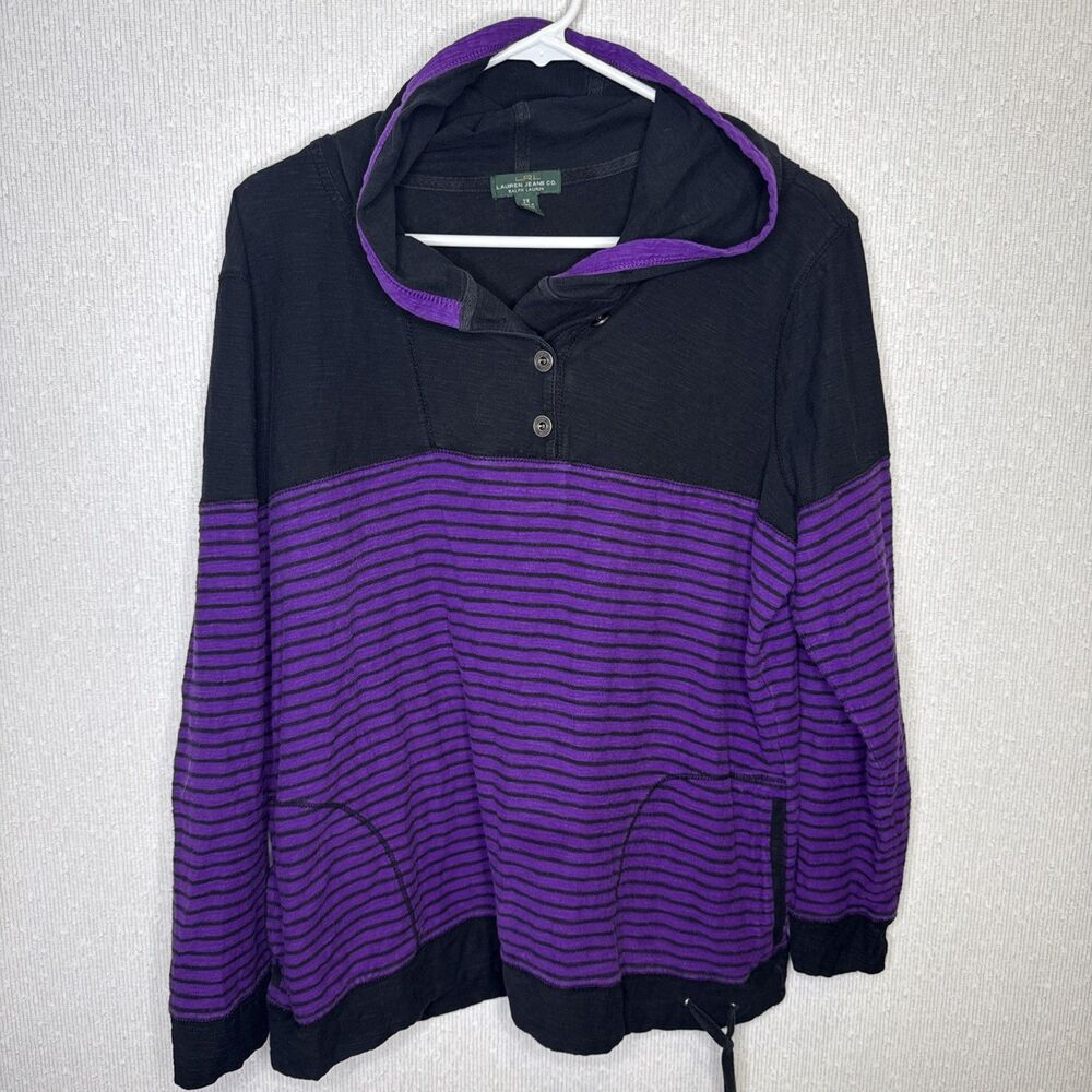 Lauren Ralph Lauren Jeans Co Womens 2XL Black Purple Striped Hoodie Pullover Shi